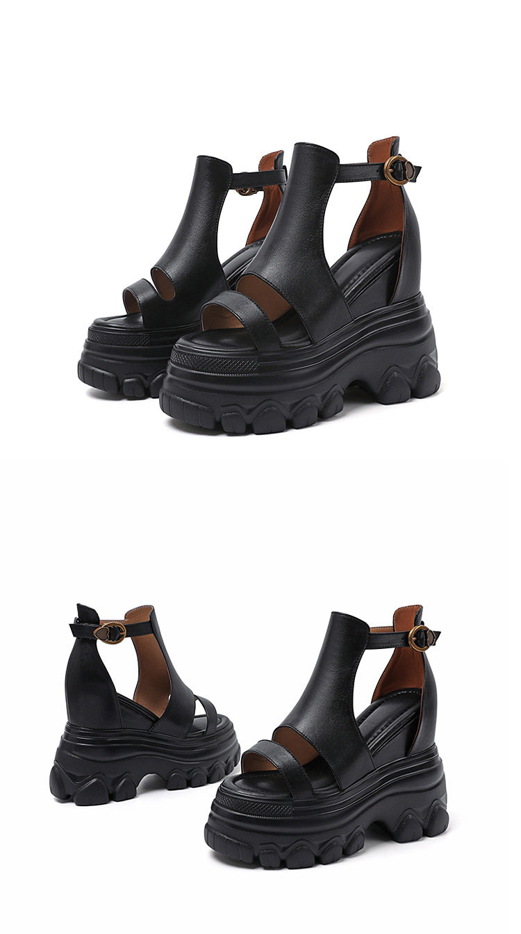 Sandal cao gót nữ hở mũi đế xuồng 14 cm da bò thủ công phong cách vintage — [Đen], [Nâu] chi tiết 10