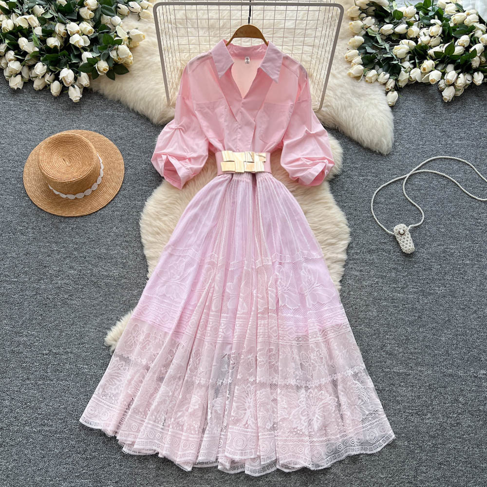 French Elegant Embroidered Mesh Dress Lantern Sleeves Waist Defining Color Block Design Summer Evening Wear