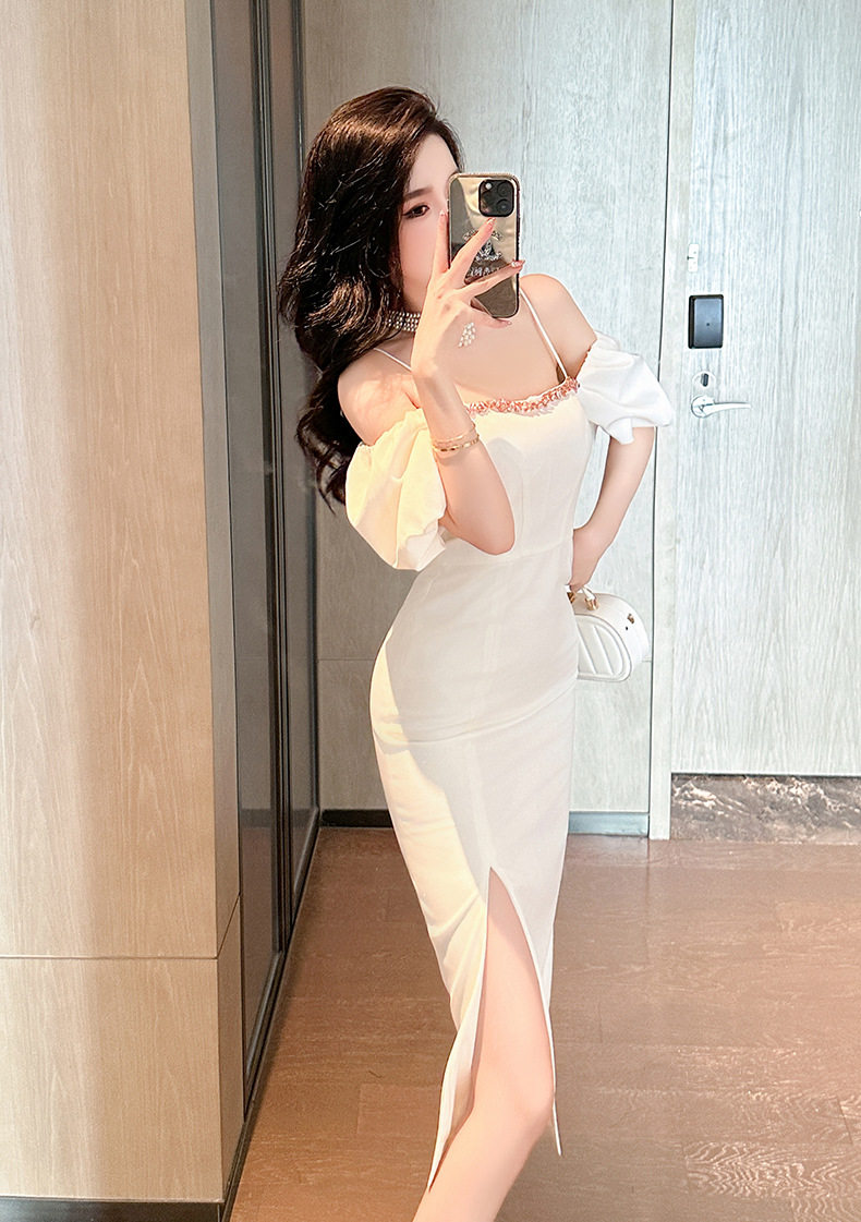 Đầm ôm body nữ cổ yếm tay ngắn xẻ tà trắng — [Trắng], [Vàng] chi tiết 5