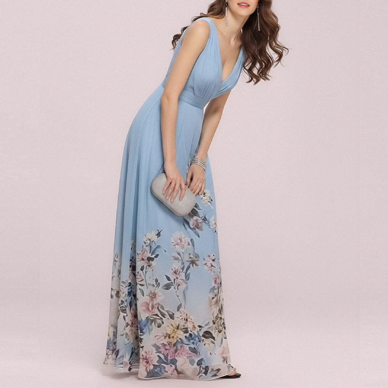 Elegant Floral V Neck Maxi Dress Summer Collection Waist Defined Comfortable Fabric Perfect for Casual or Formal