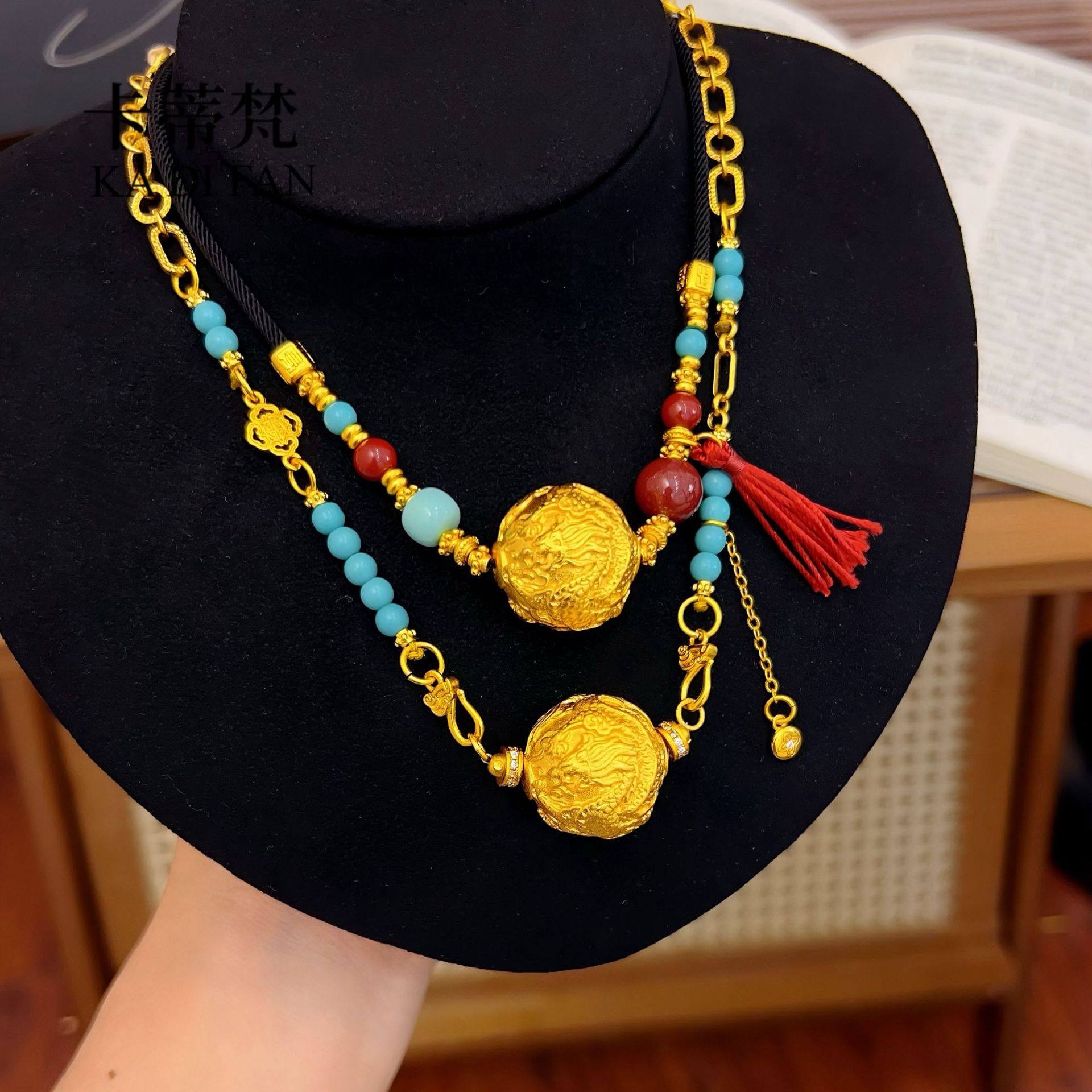 Real Gold-Plated High Color Retention Sand Gold Dragon Bead Turquoise Necklace for Women 2025 New Chinoiserie Dragon and Phoenix Auspicious Transfer Bead Clavicle Chain