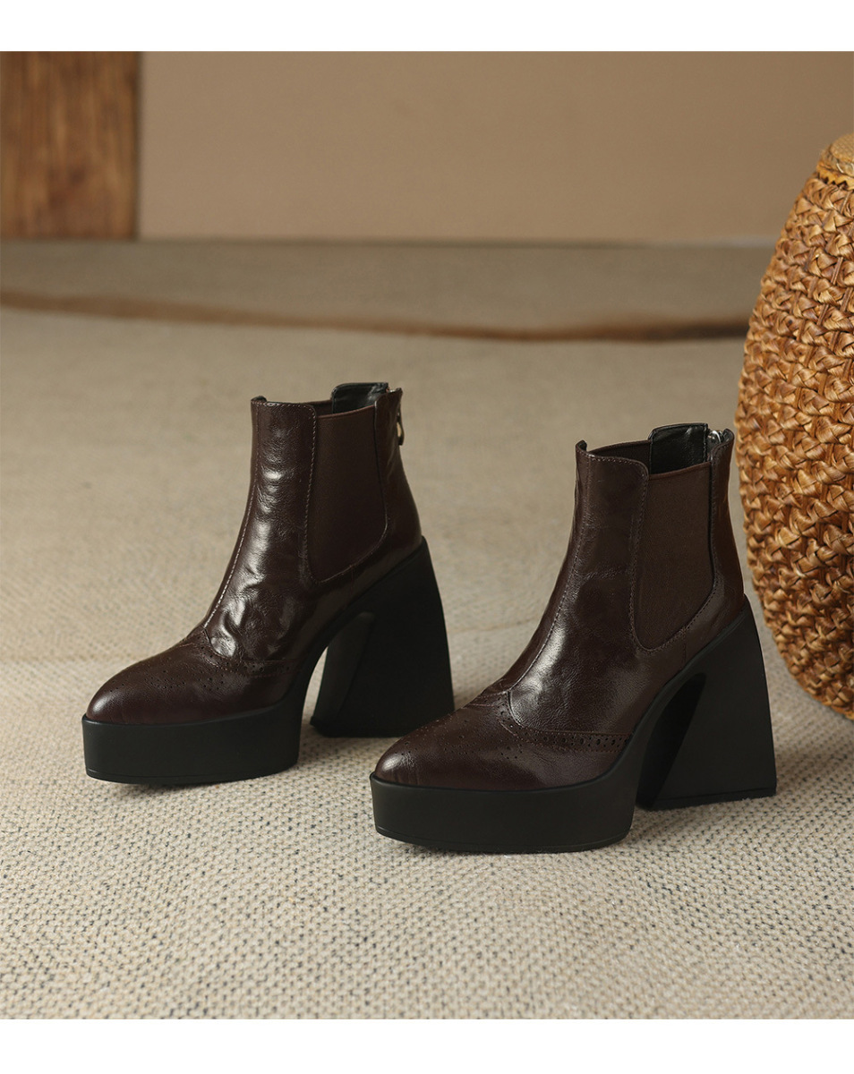 Boot nữ cổ thấp gót thô mũi nhọn phong cách Chelsea — Màu đen lót một lớp, Màu đen lót nhung, Màu nâu lót một lớp, Màu nâu lót nhung