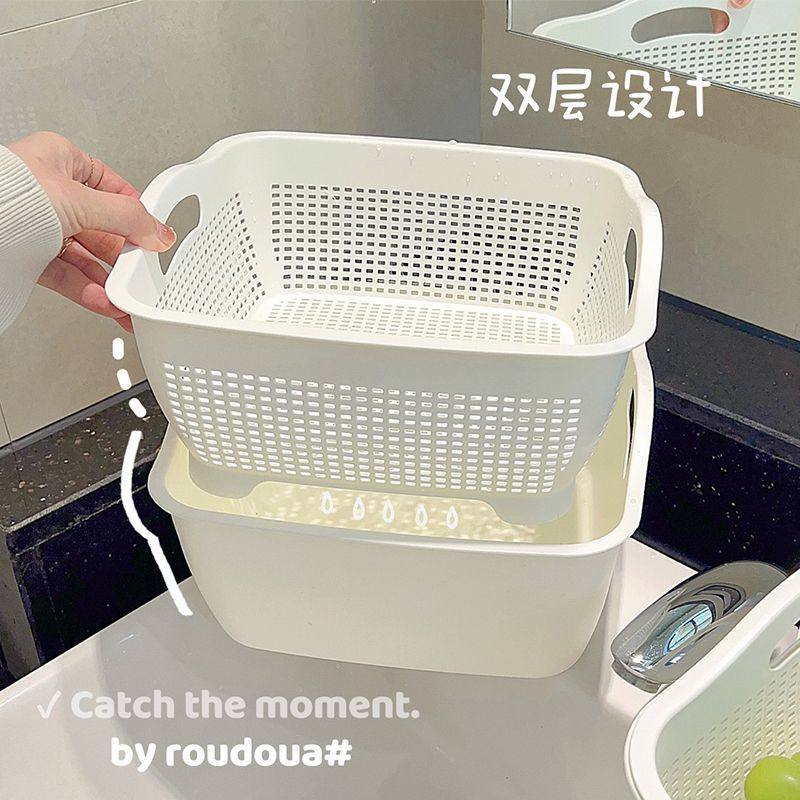 Double-Layer Drain Basket Household Kitchen Sink Thickeneded Plastic Basket Fruit Storage Basket Drain Basket Fruit Plate
