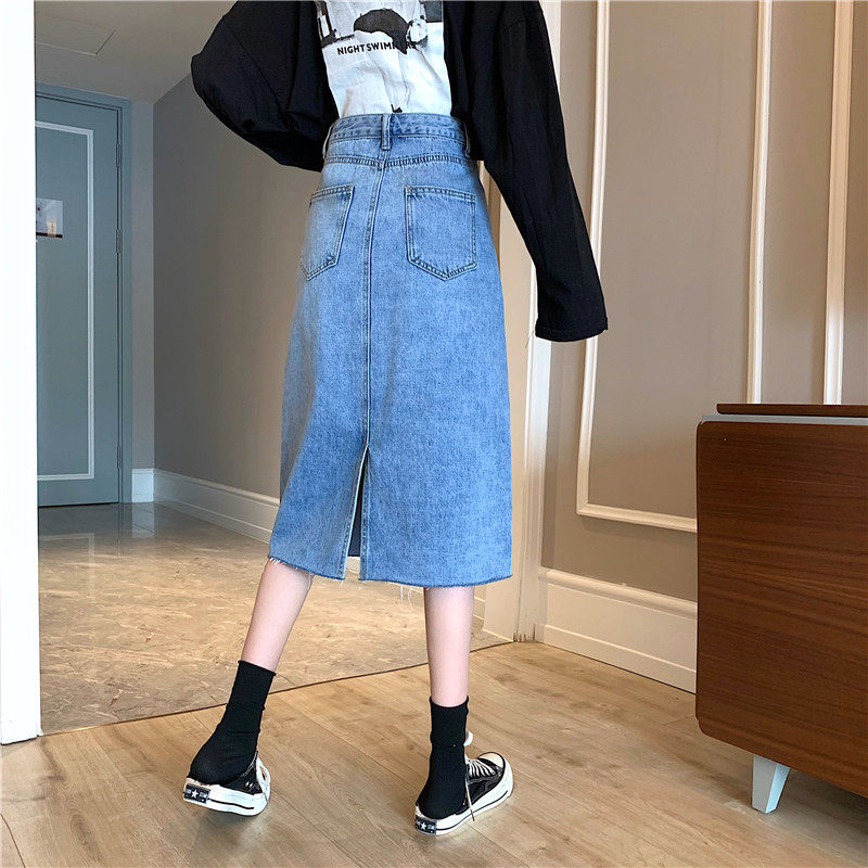 High Waisted A Line Denim Skirt Flattering Fit Split Hem Fringe Detail Casual Summer Style Wholesale Available