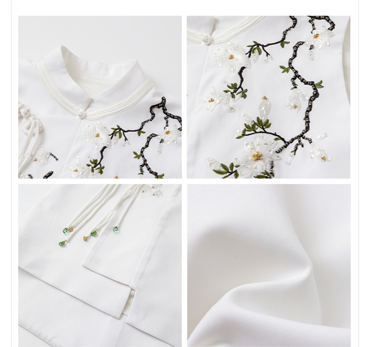 Áo vest nữ cổ đứng thêu nổi cài khuy phong cách thanh lịch — Ngọc Bích Đen (Giao Hàng Ngay), Trắng tuyết satin (tóc làm trong ngày)