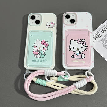 Cute pink wave kt cat iPhone16/15promax phone case 13 large hole 12 card bag 14 lanyard x women