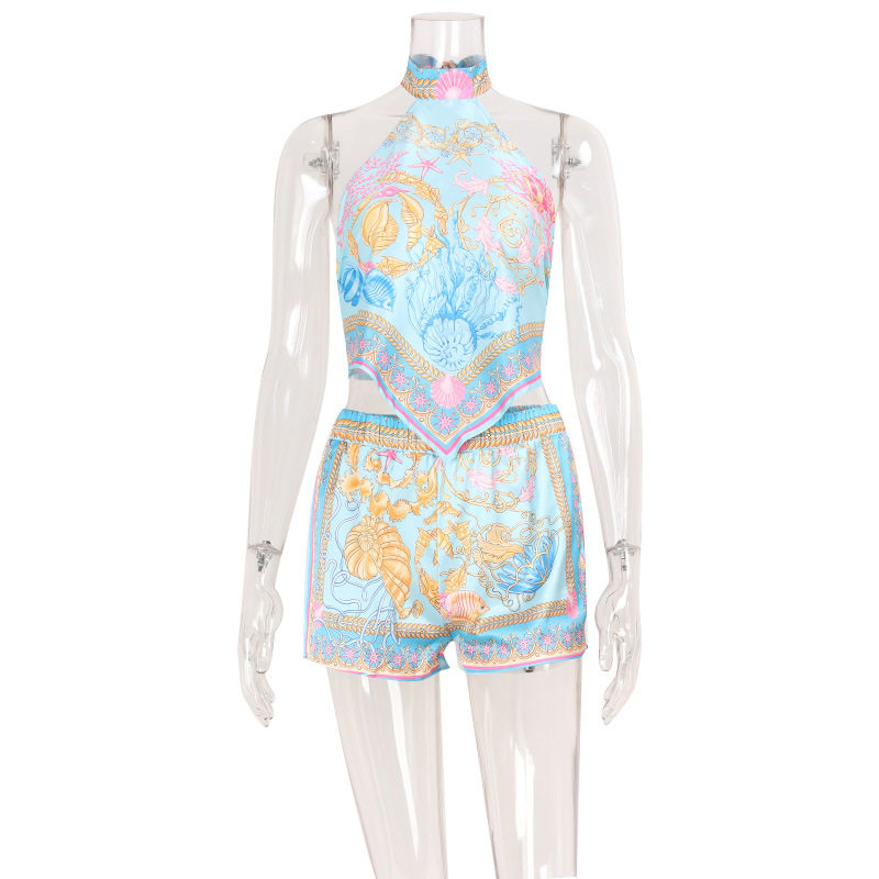 Bohemian Print Strapless Top and Loose Shorts Set Womens Fashion Comfortable Fit Casual Style Wholesale Available