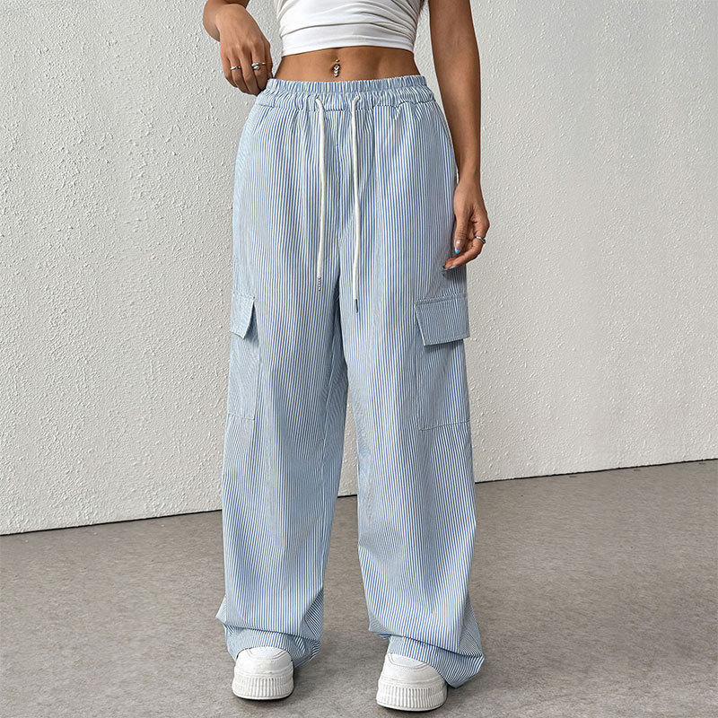 Wide Leg Striped Trousers Fresh Minimalist Design Adjustable Drawstring Summer Style Wholesale Available