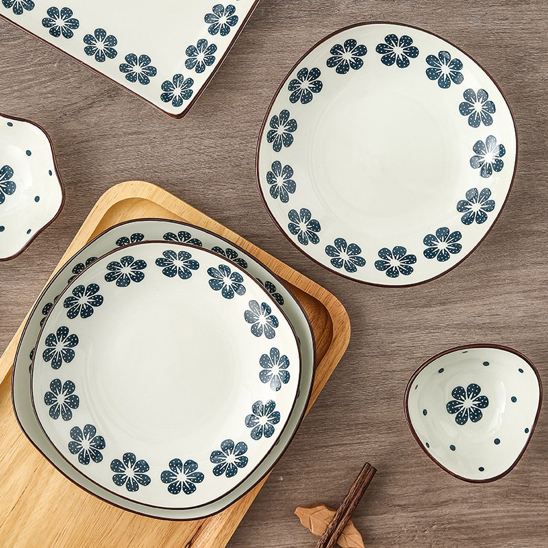Xiaolanhua Internet Celebrity Retro Japanese Style Underglaze Color Ceramic Tableware Household Meal Soup Dishes and Dishes Spoon Combination Set