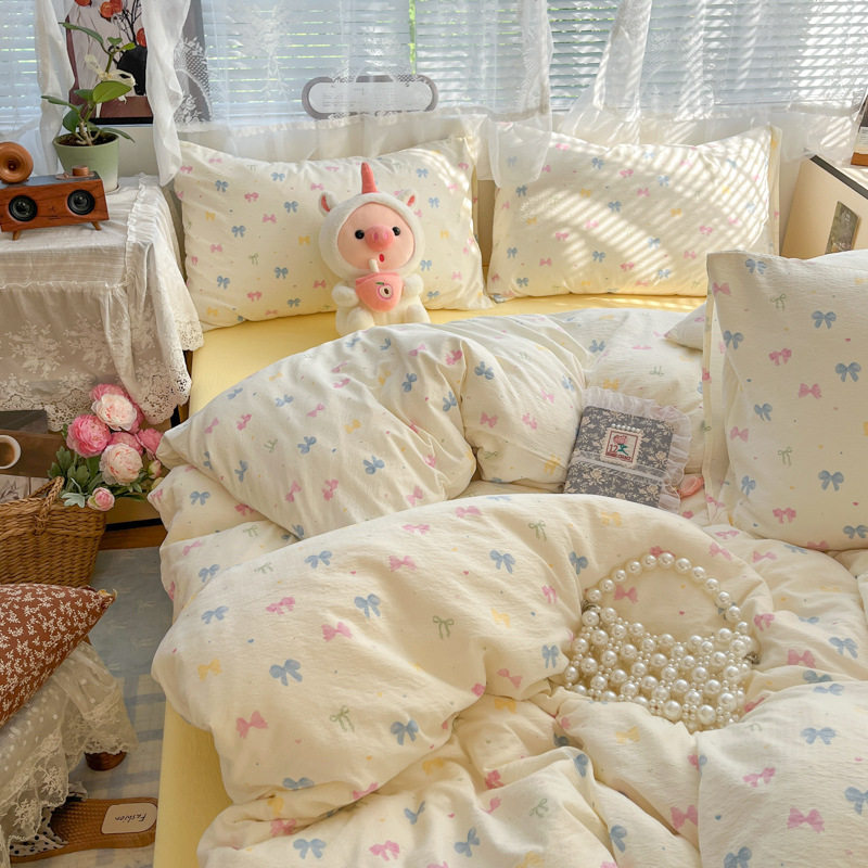 Class a Pure Cotton Maternal and Infant Grade Double-Layer Yarn Four-Piece Set Ins Cotton Naked Sleeping Bed Sheetss Quilt Cover Dormitory Three-Piece Set