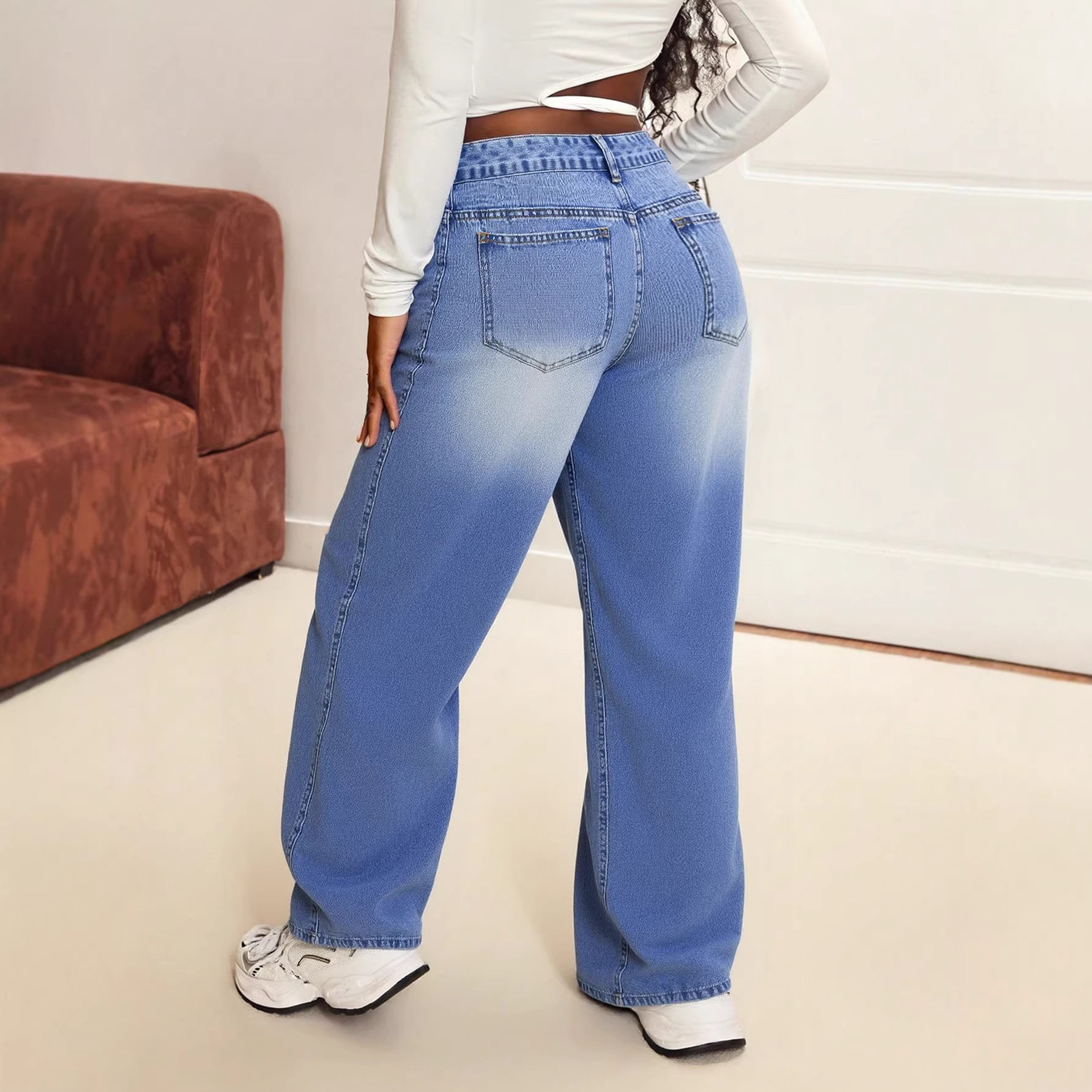 Loose Fit High Street Womens Straight Leg Denim Trousers Versatile Floor Length Casual Style Wholesale Available