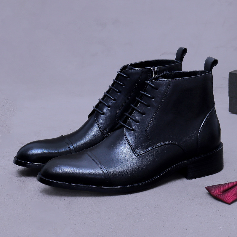 Giày boot nam cổ thấp da bò thật dây kéo phong cách công sở — đen, nâu