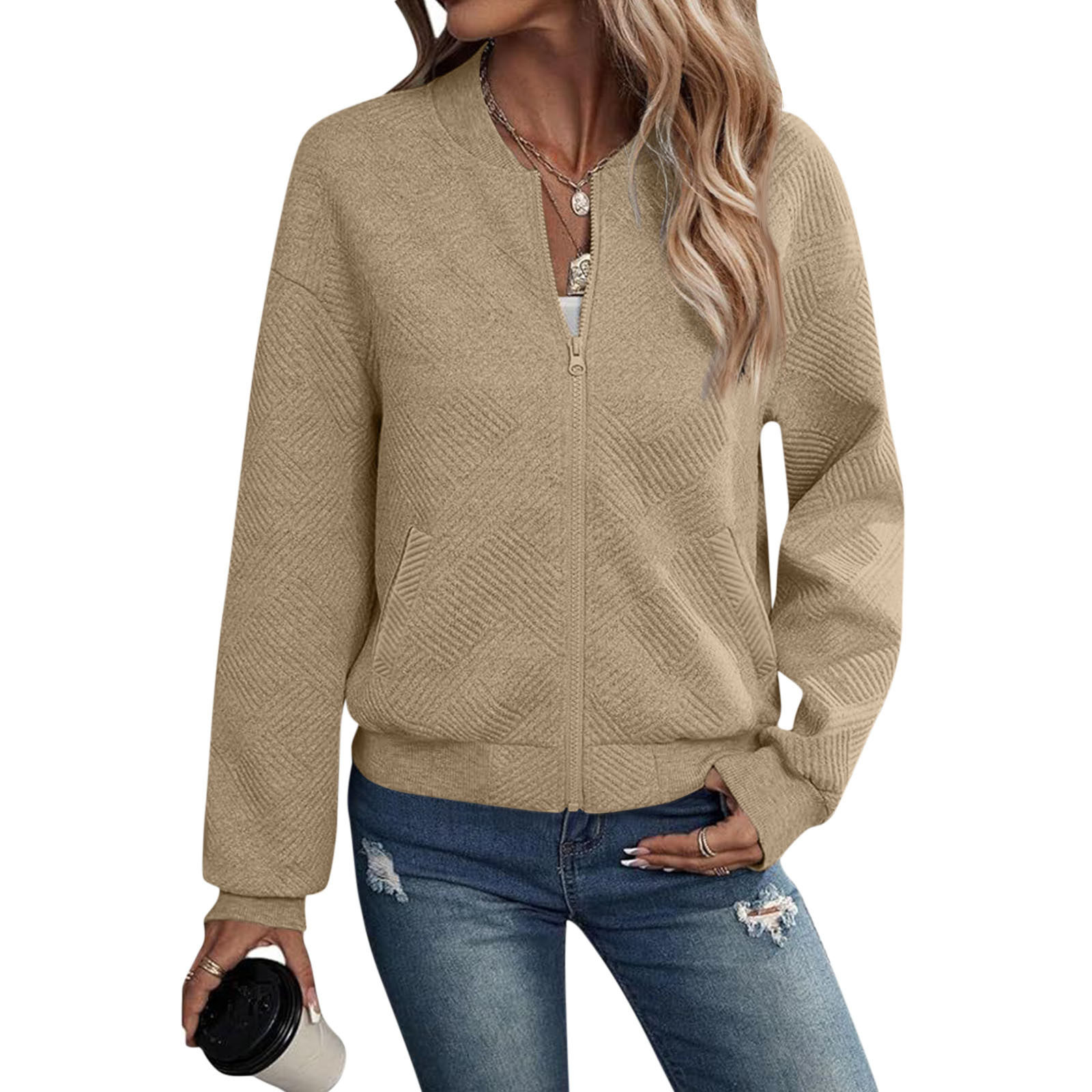 Autumn Long Sleeve Zipper Detail Cardigan Solid Color Lightweight Casual Style Wholesale Available