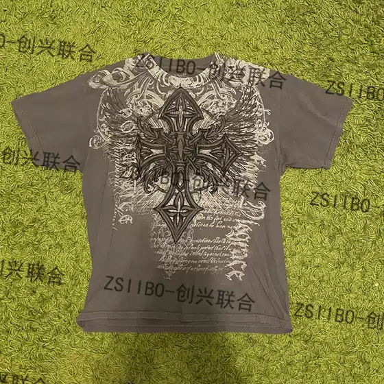 Gray-Green Cross Allover Print High Quality Heavyweight Cotton Men's T-Shirt Women's Loose Short Sleeve Western Style