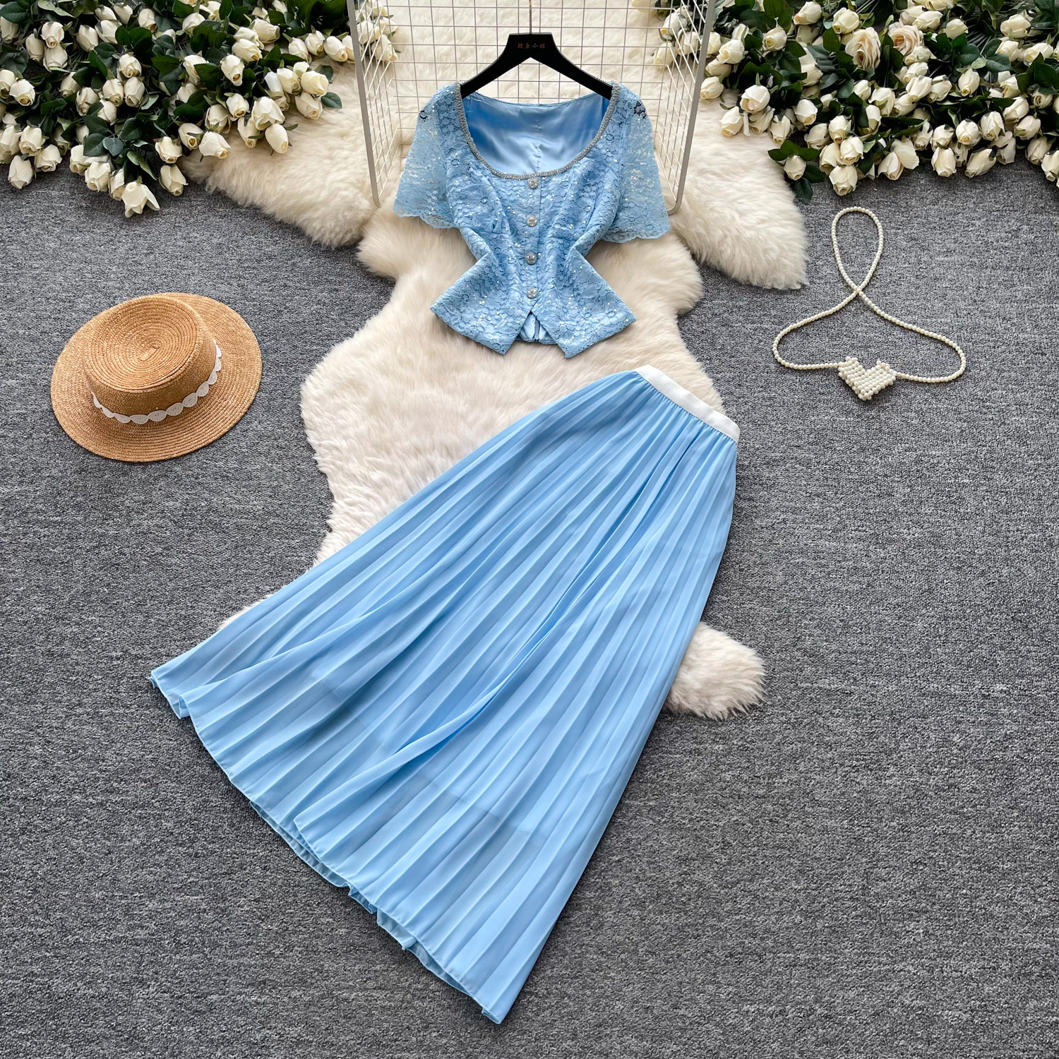 Lace V Neck Tank Top and High Waisted Pleated Skirt Set Elegant Soft French Style Summer Fashion for Women Wholesale