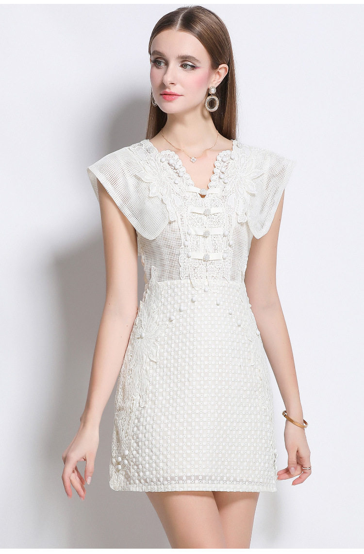 Summer Short Dress Hollow Out Breathable Fabric Sculptural Design Flowy Sleeves Casual Wear for Parties OEM