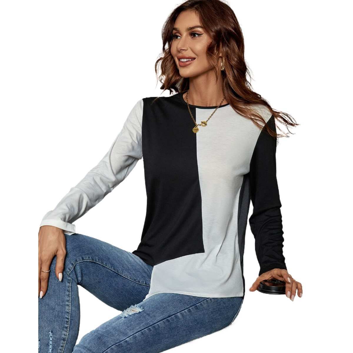 Fashionable Color Block V Neck T Shirt Womens Casual Style Perfect for Everyday Wear Wholesale Available