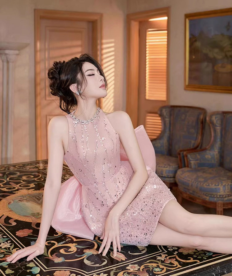 Váy chữ A midi nữ tay không cổ tròn, eo cao, phong cách thanh lịch — Hồng chi tiết 4