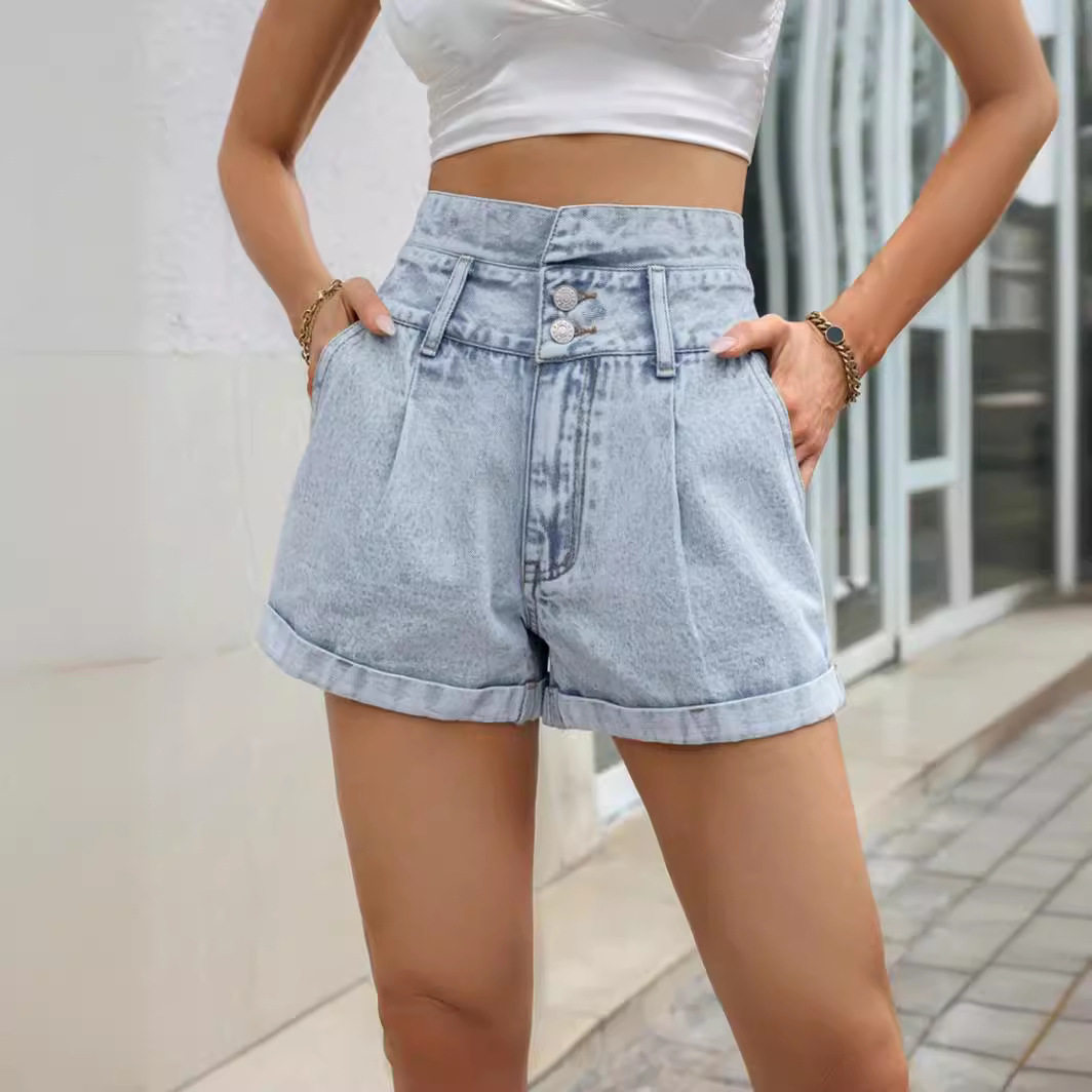 High Waisted Denim Shorts Loose Fit Versatile Rolled Hem Casual Summer Wear Wholesale Available