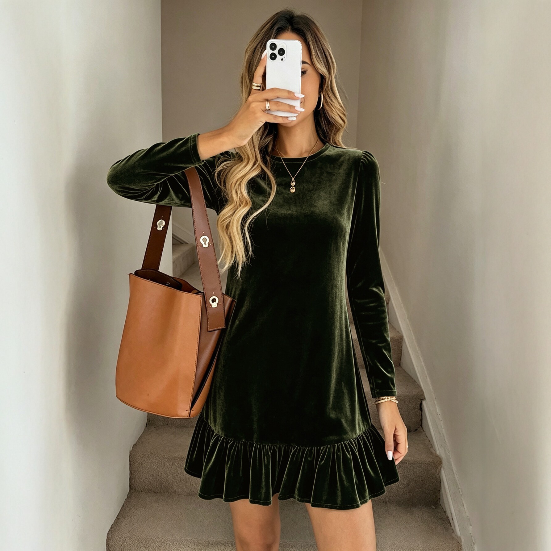 Velvet Long Sleeve Dress for Women Round Neck Slim Fit Ruffled Hem Perfect for Parties and Events Wholesale