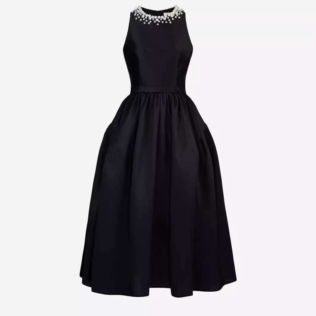 Đầm maxi nữ thắt eo cổ tròn không tay midi dáng chữ A — Hắc chi tiết 6