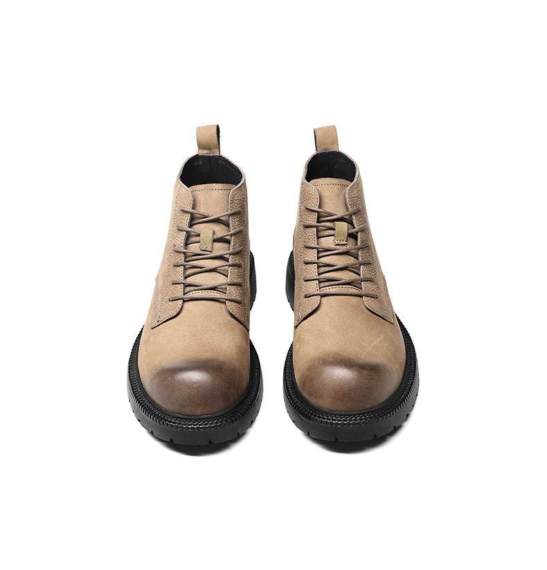 Bốt Martin nam da bò cổ vừa đế dày lót nhung giữ ấm — Màu đen, Màu camel, Màu xám, Màu đen lót nhung giữ ấm
