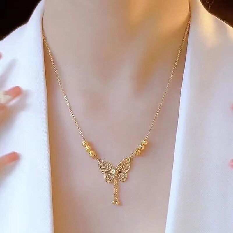 Butterfly Super Fairy Tassel Necklace Women's Pendant 2023 New Non-Fading Titanium Steel Clavicle Chain Wufu Transfer Beads