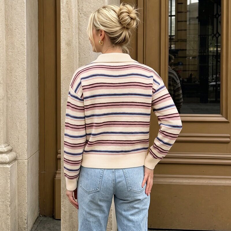 French Style Colorful Striped Long Sleeve Sweater for Women Relaxed Fit Classic Collar Versatile Fashion OEM Available
