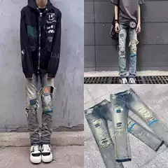 American High Street Retro Distressed Blue Washed Ripped Jeans for Men with Unique Design, Casual Versatile Long Pants
