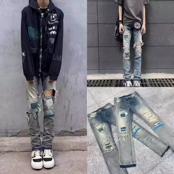 American High Street Retro Distressed Blue Washed Ripped Jeans for Men with Unique Design, Casual Versatile Long Pants