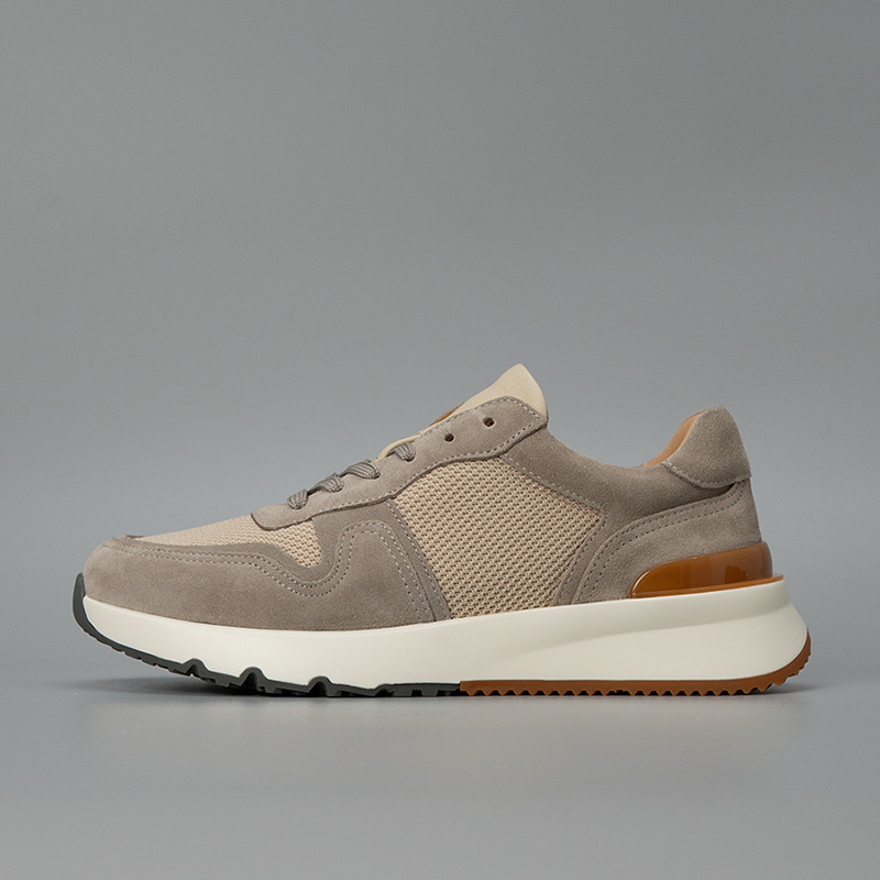 Giày sneaker nam da bò thật thoáng khí đế dày thủ công — Màu kaki