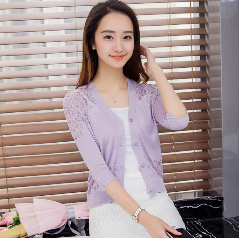 v领短款外搭开衫镂空针织空调衫毛衣外套小披肩夏新款女薄