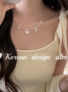 韩版ins风小众设计感银饰 925纯银手工捶打爱心花花切面竹节项链