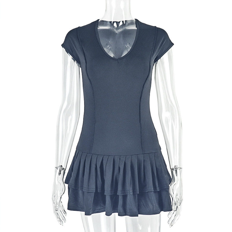 A Line Ruffle Dress Slim Fit Solid Color Short Sleeve U Neck Summer Fashion for Women Wholesale Available
