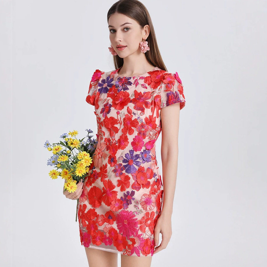 Short Embroidered Bodycon Dress Colorful 3D Floral Design French Court Style Summer Collection OEM Available