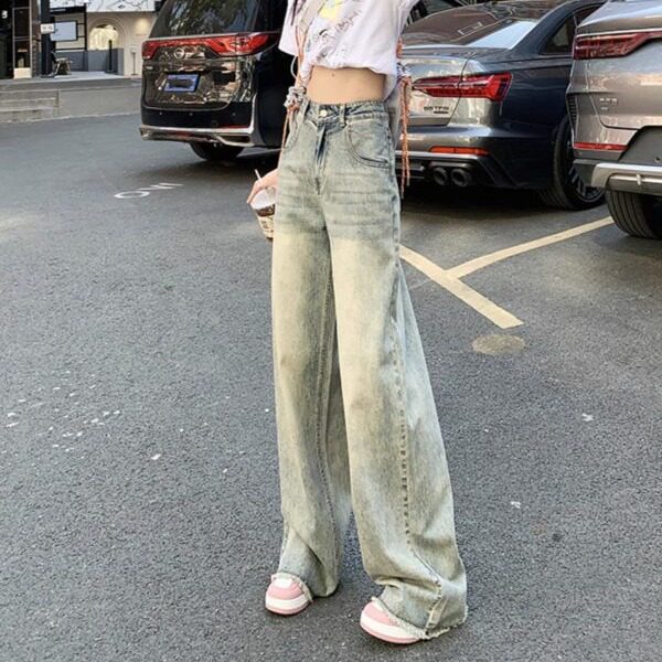High Waisted Wide Leg Distressed Denim Jeans for Women Vintage Style Loose Fit Lightweight Spring Summer Wholesale