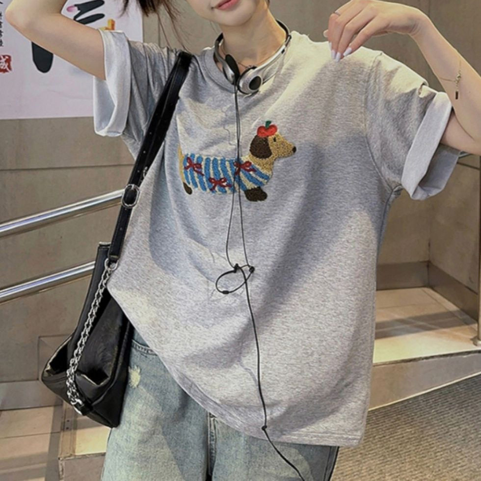Dachshund Embroidered Short Sleeve T Shirt for Women Summer Collection Korean Style Loose Fit Fashionable and