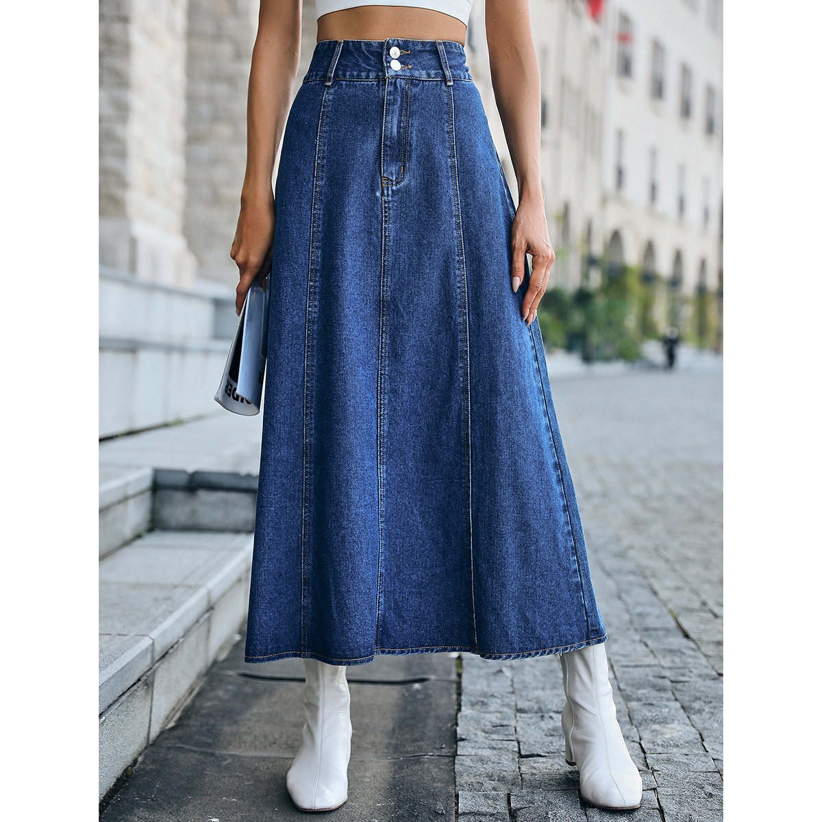 High Waisted A Line Denim Skirt Loose Fit Mid Length Fashionable Design Casual Wear for Women Wholesale Available
