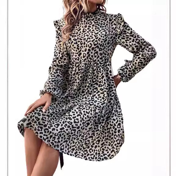 Elegant Leopard Print Dress Ruffle Detail Long Sleeve Fashionable Style Perfect for Parties and Events Wholesale