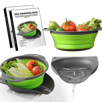 Foldable Drain Basket with Drain, Scraper and Water Guide, Round Plastic Water Filter Basket for Washing Fruits and Vegetables