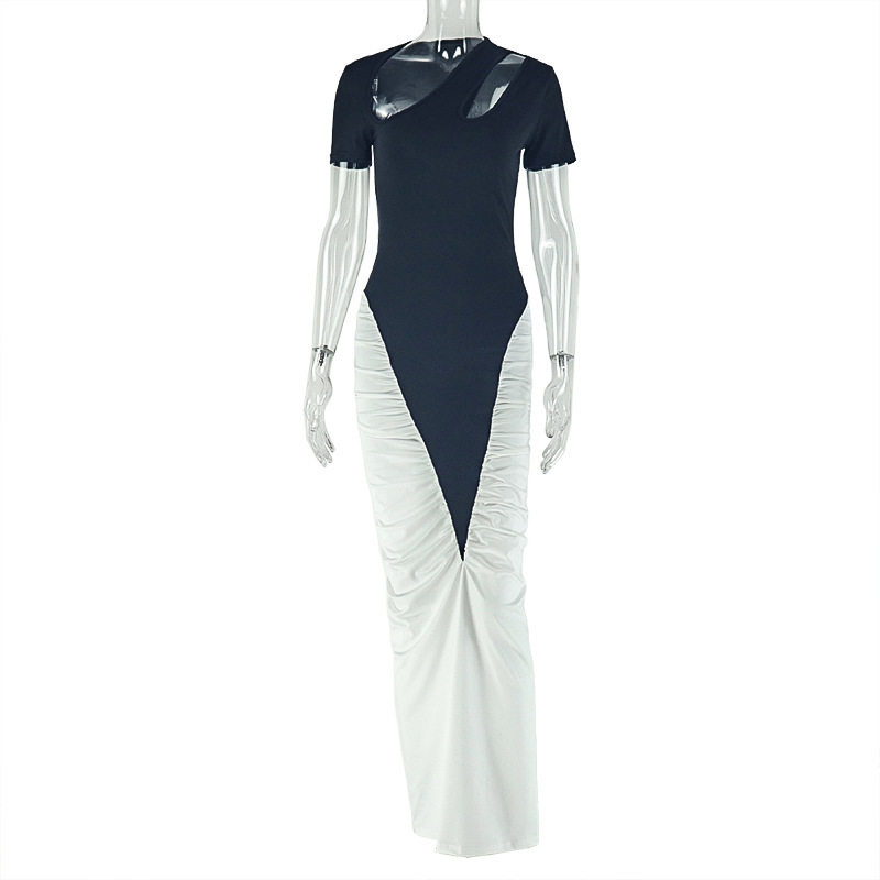 Black and White Color Block Bodycon Dress Hollow Out Design Short Sleeve Versatile Style Perfect for Street Fashion