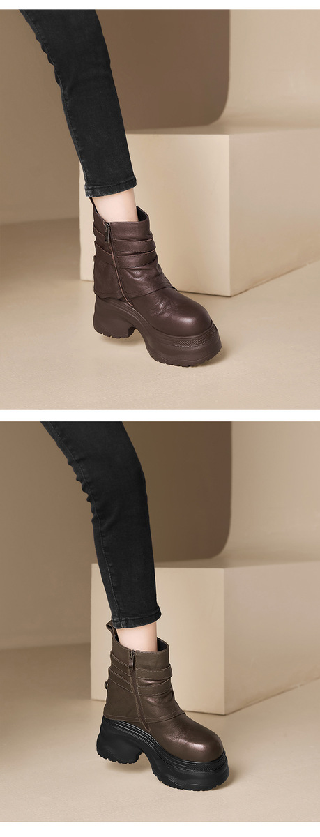 Boot nữ cổ thấp tăng chiều cao 12cm đế dày khóa kéo bên hông — Kaki lót đơn, Lớp lót đơn màu đen, Lớp lót đơn màu nâu, Lót nhung đen