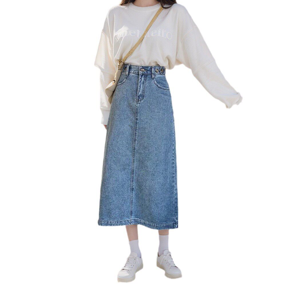 High Waisted A Line Denim Skirt Plus Size Mid Length Split Design Casual Wear for Students Wholesale Available