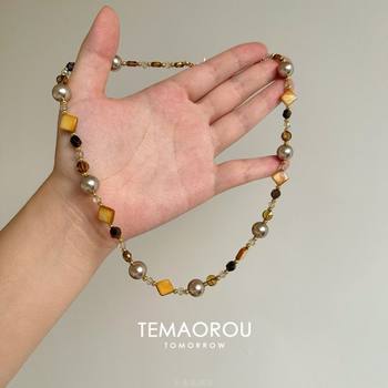 Brown Maillard Tiger Eye Stone Natural Stone Beaded Pearl Necklace Accessible Luxury Niche Clavicle Chain Retro Sweater Chain for Women