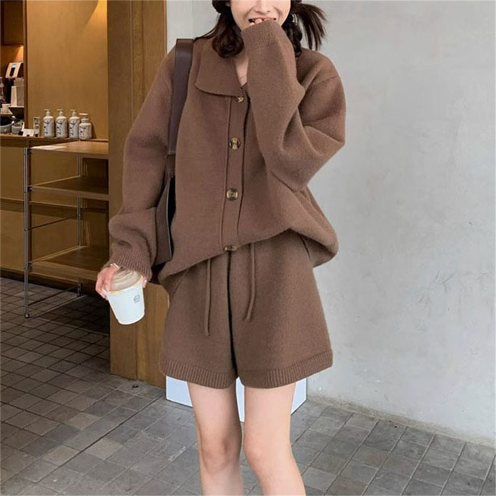 suit Women Autumn and Winter New Korean Fashion Lapel Sweater Cardigan Women's High Waist Slimming Wide Leg Shorts Two-piece Set