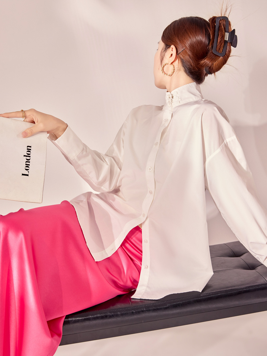 Áo sơ mi nữ cổ đứng cài khuy màu trơn dáng thanh lịch — áo sơ mi màu xanh, áo sơ mi trắng