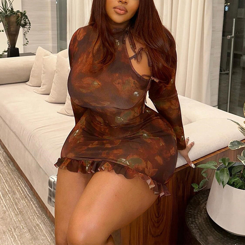 Long Sleeve Round Neck Tie Waist Mini Dress Vintage Floral Print Slim Fit Elegant Style Perfect for Parties and Events