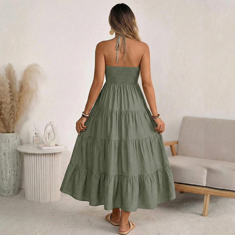 Casual Vacation Style Halter Neck Maxi Dress Solid Color Layered Design Flowy Silhouette Perfect for Summer Events