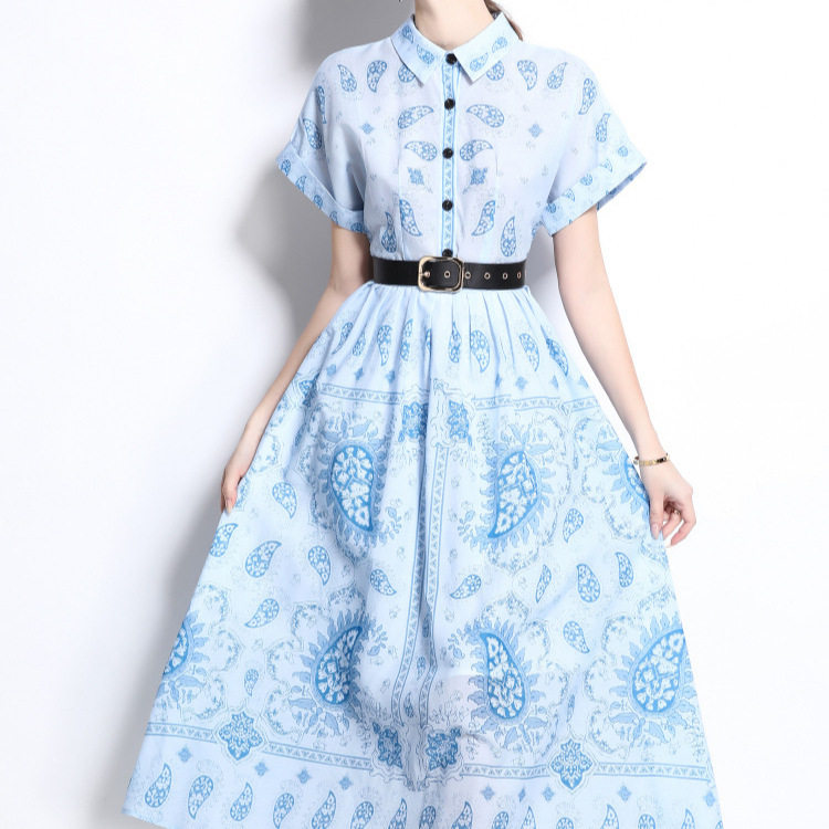 Womens Summer Shirt Dress Lapel Collar Belted Slim Fit Short Sleeve Floral Print Vintage Style for Casual