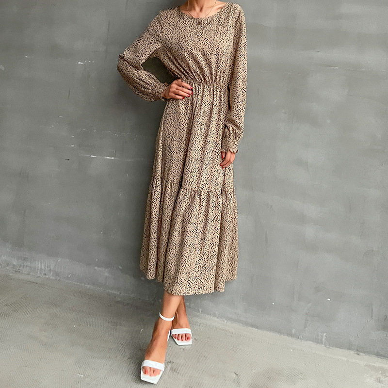Leopard Print Long Sleeve Maxi Dress Round Neck Fashionable Autumn Winter Wholesale Available